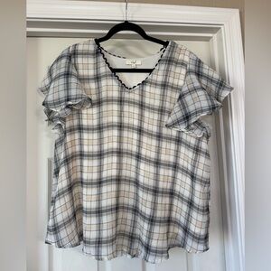 Easel Black and White Plaid Ruffle Sleeve Blouse
